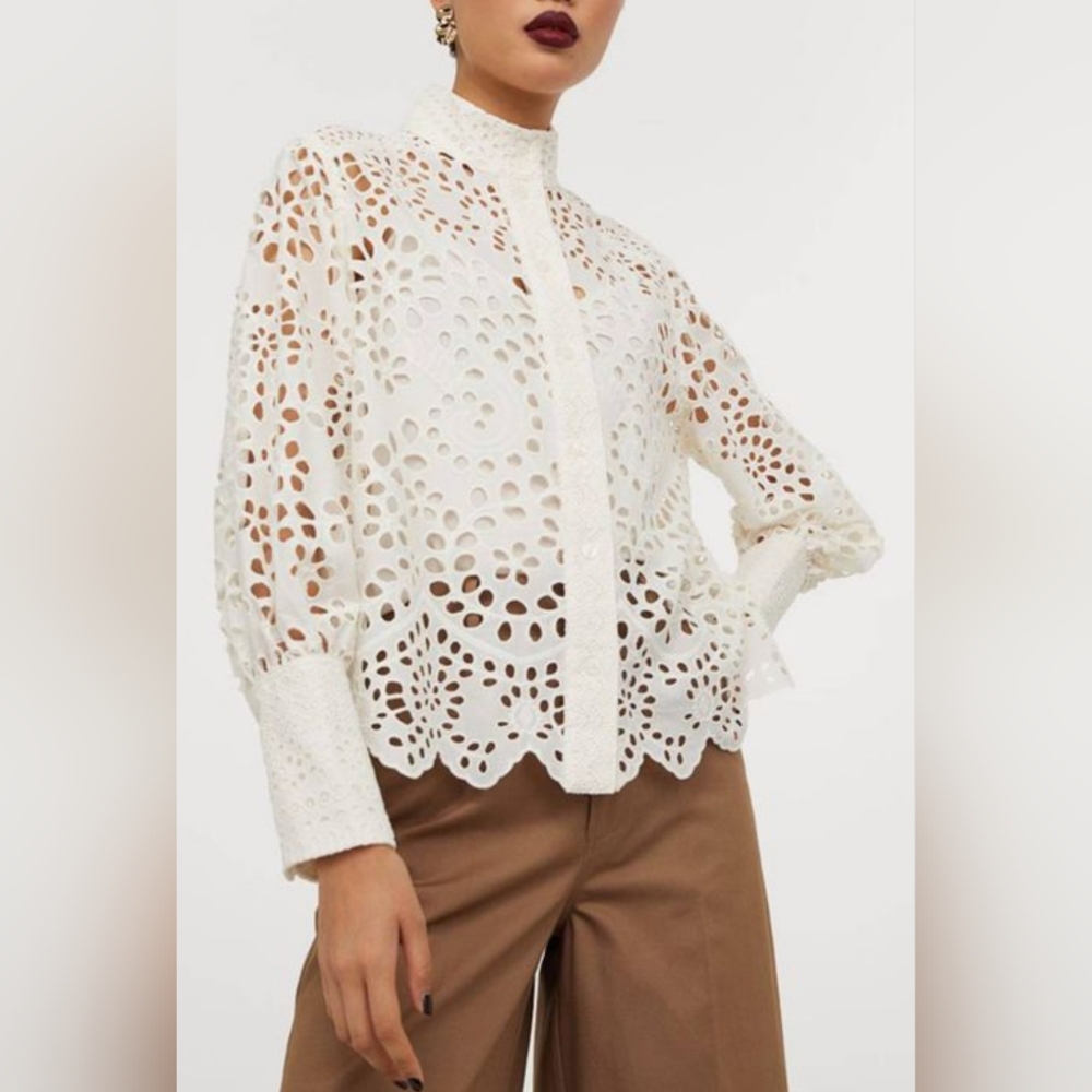 H&M White/Cream Brodarie Anglaise Blouse, XS